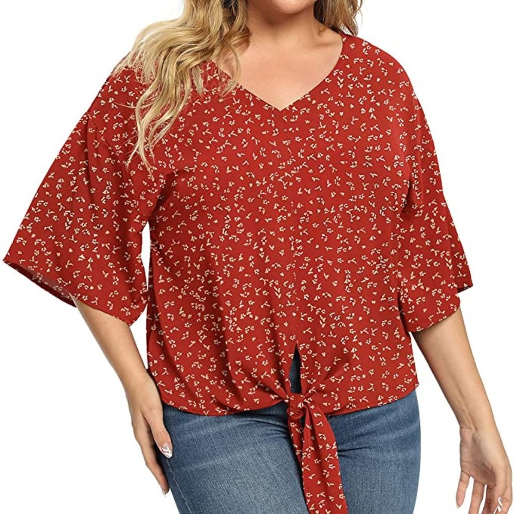 POSESHE Womens Plus Size Floral Tie Front Chiffon Blouse